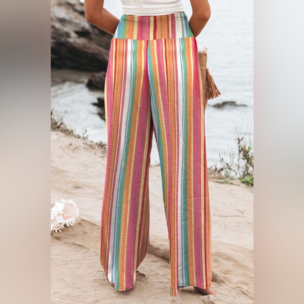 Multicolor Striped Smocked High Waist Wide Leg Pants - Picture 2 of 3